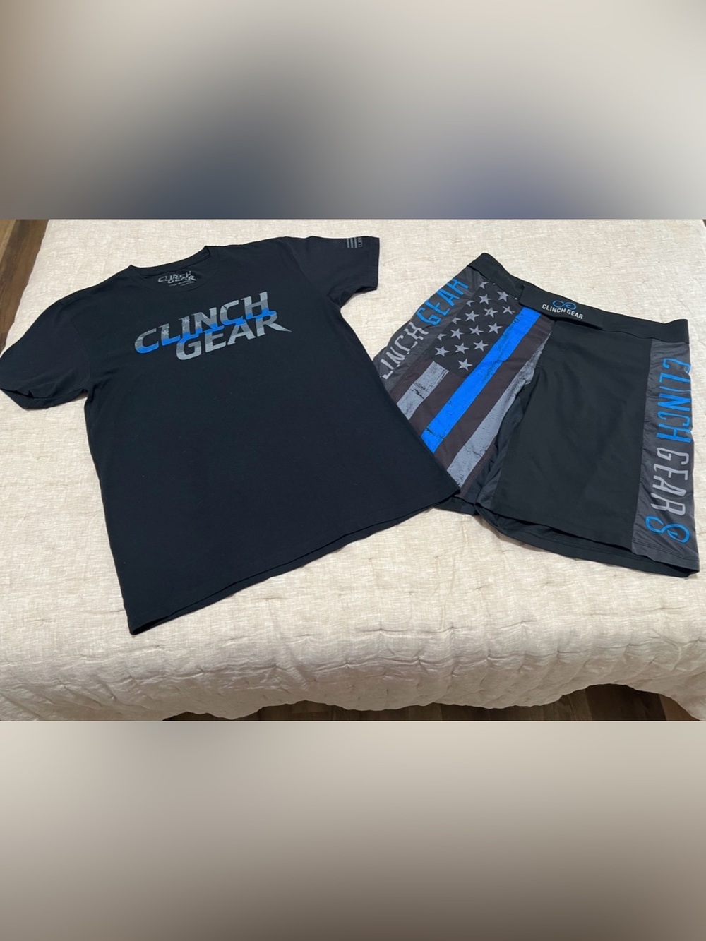 Clinch Gear MMA Bundle: Thin Blue Line Flag Shorts (34) & XL Tee